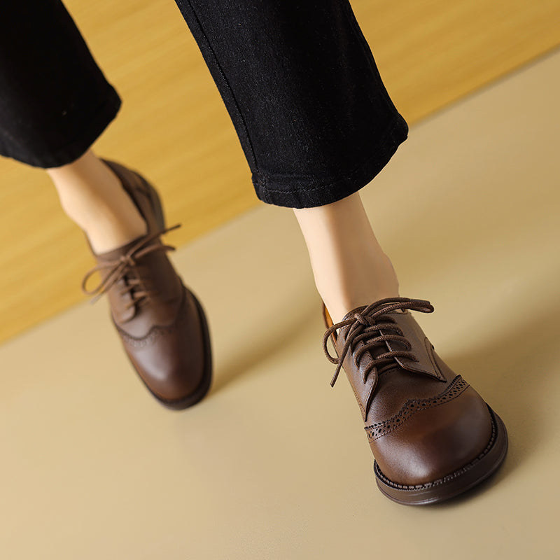 Women's Genuine Leather Brogue Oxfords Spring Fall Round Toe Lace-up Block Heel Shoes