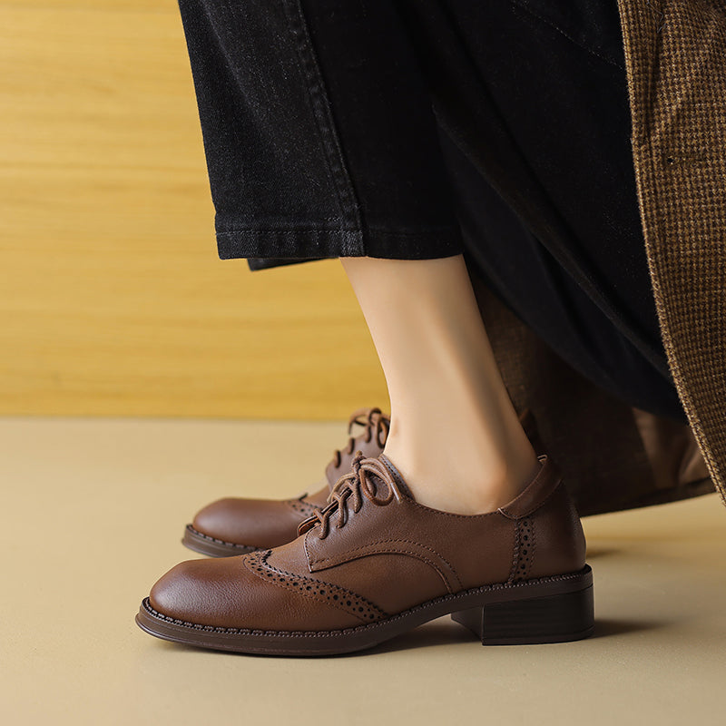 Women's Genuine Leather Brogue Oxfords Spring Fall Round Toe Lace-up Block Heel Shoes