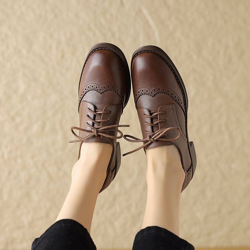 Women's Genuine Leather Brogue Oxfords Spring Fall Round Toe Lace-up Block Heel Shoes