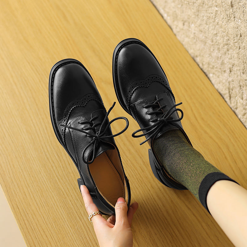 Women's Genuine Leather Brogue Oxfords Spring Fall Round Toe Lace-up Block Heel Shoes