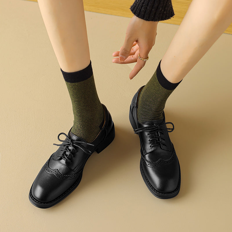 Women's Genuine Leather Brogue Oxfords Spring Fall Round Toe Lace-up Block Heel Shoes