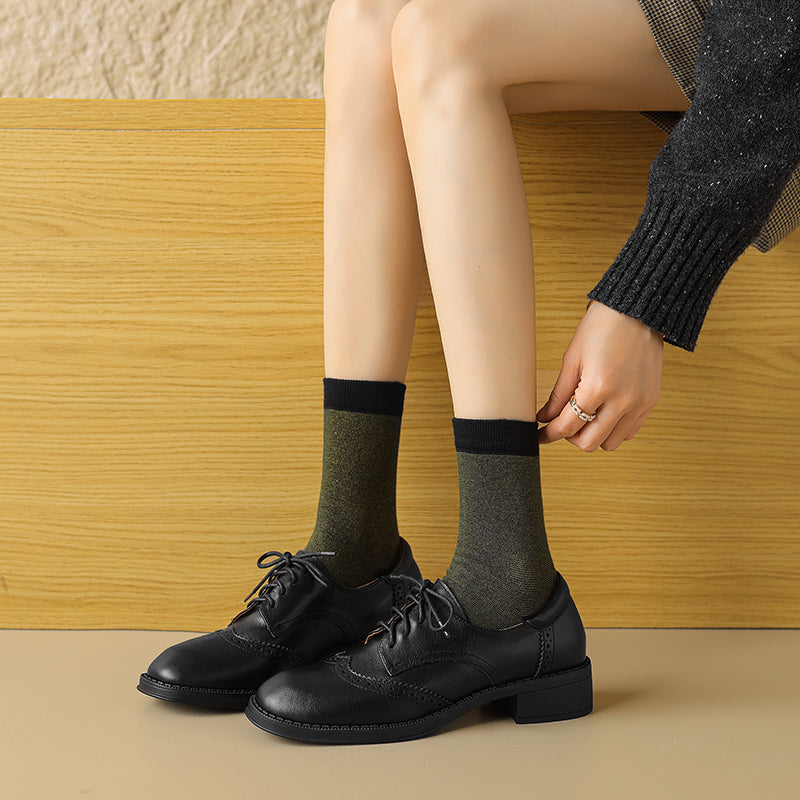 Women's Genuine Leather Brogue Oxfords Spring Fall Round Toe Lace-up Block Heel Shoes