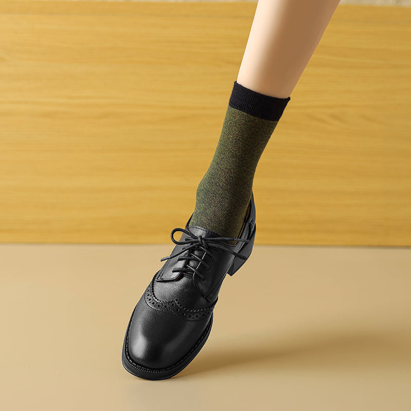 Women's Genuine Leather Brogue Oxfords Spring Fall Round Toe Lace-up Block Heel Shoes
