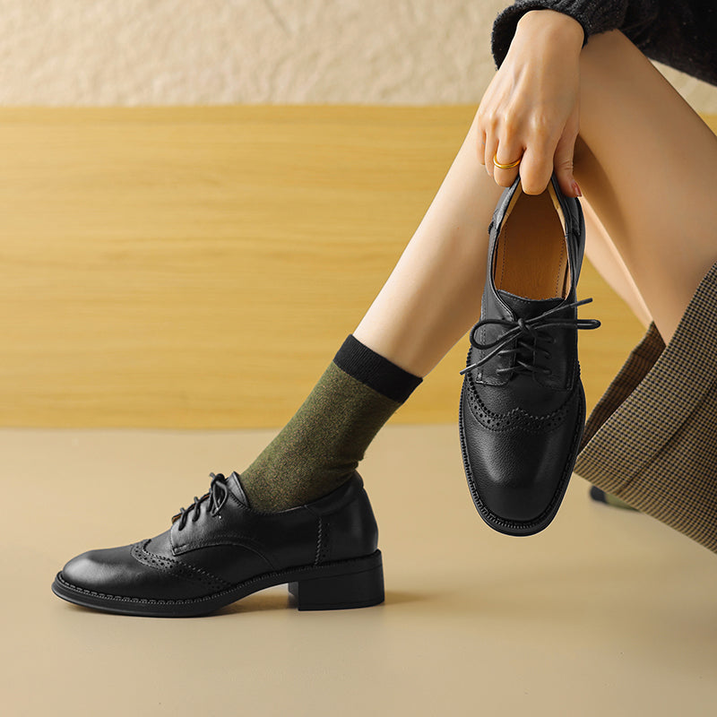 Women's Genuine Leather Brogue Oxfords Spring Fall Round Toe Lace-up Block Heel Shoes