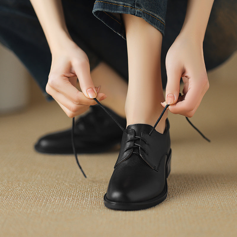 Women's Retro Cowhide Oxfords Vintage Round Toe Lace-up Low Block Heel Casual Derby Shoes