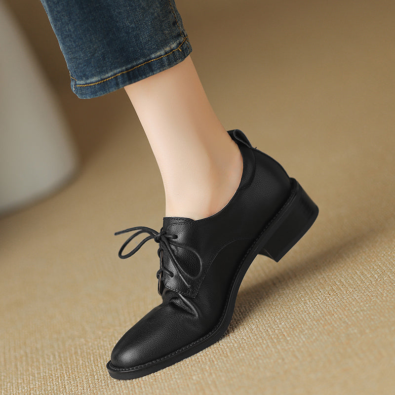 Women's Retro Cowhide Oxfords Vintage Round Toe Lace-up Low Block Heel Casual Derby Shoes