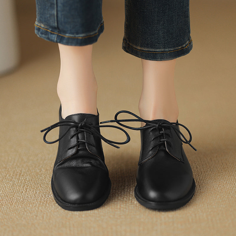 Women's Retro Cowhide Oxfords Vintage Round Toe Lace-up Low Block Heel Casual Derby Shoes