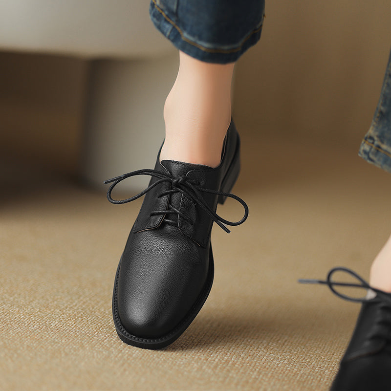 Women's Retro Cowhide Oxfords Vintage Round Toe Lace-up Low Block Heel Casual Derby Shoes