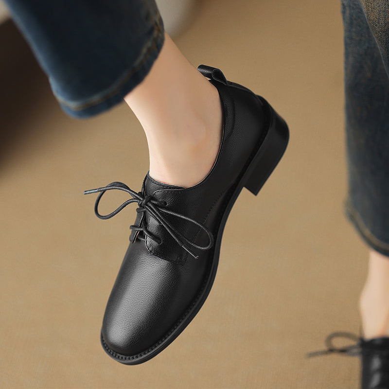 Women's Retro Cowhide Oxfords Vintage Round Toe Lace-up Low Block Heel Casual Derby Shoes