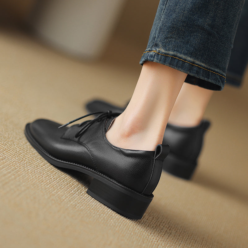 Women's Retro Cowhide Oxfords Vintage Round Toe Lace-up Low Block Heel Casual Derby Shoes
