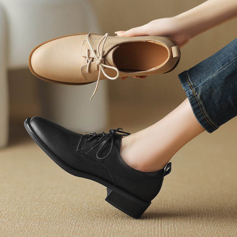 Women's Retro Cowhide Oxfords Vintage Round Toe Lace-up Low Block Heel Casual Derby Shoes