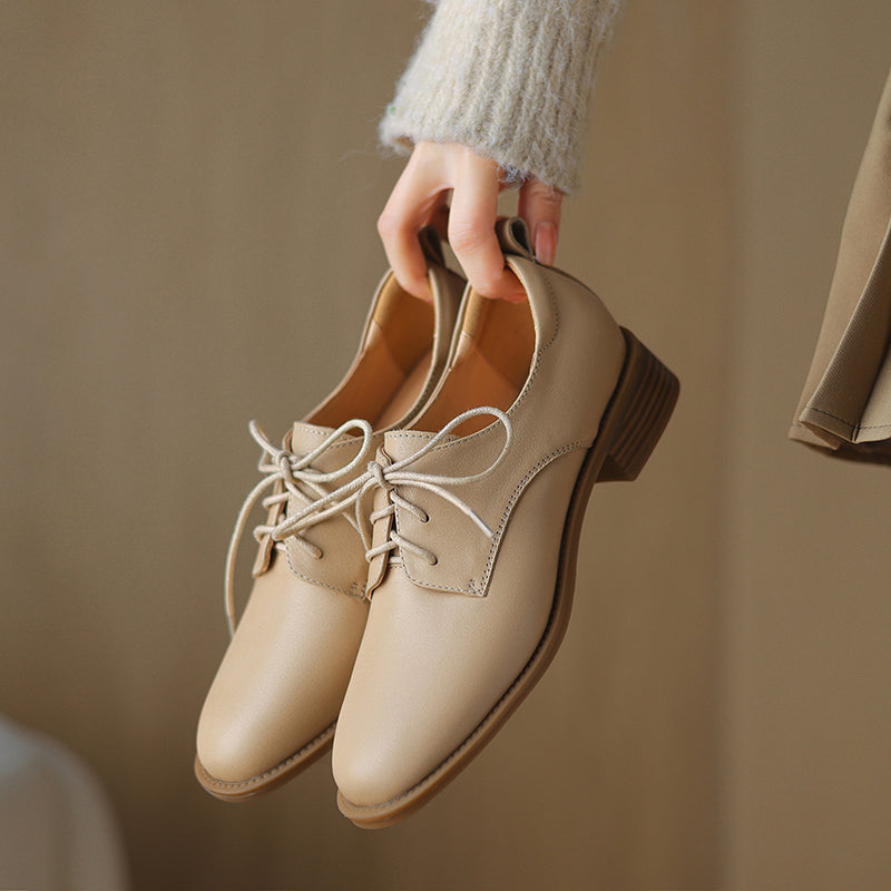 Women's Retro Cowhide Oxfords Vintage Round Toe Lace-up Low Block Heel Casual Derby Shoes