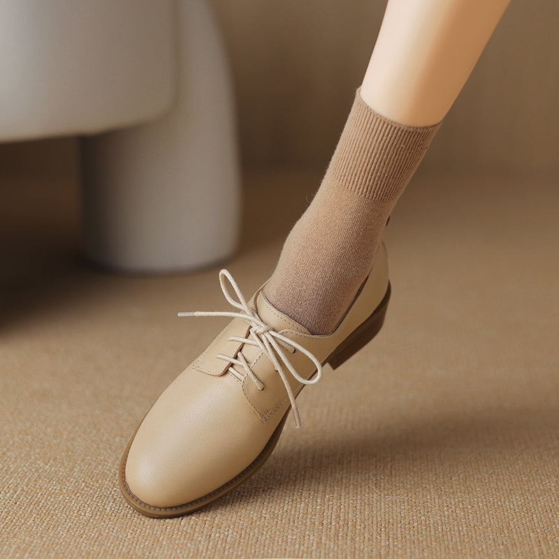 Women's Retro Cowhide Oxfords Vintage Round Toe Lace-up Low Block Heel Casual Derby Shoes