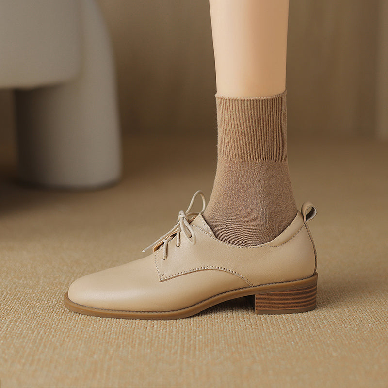 Women's Retro Cowhide Oxfords Vintage Round Toe Lace-up Low Block Heel Casual Derby Shoes