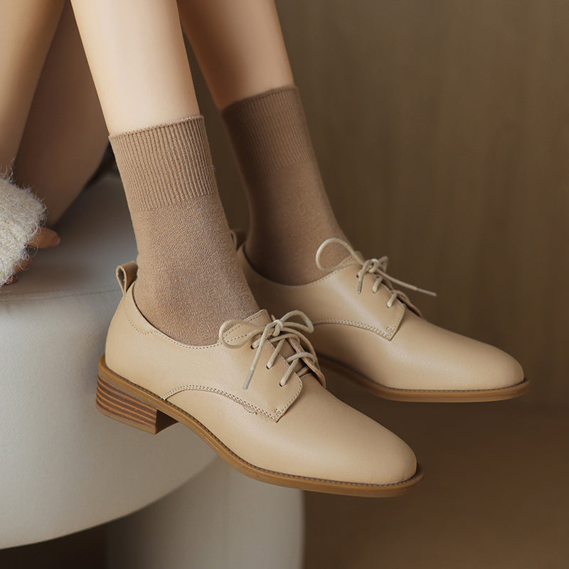 Women's Retro Cowhide Oxfords Vintage Round Toe Lace-up Low Block Heel Casual Derby Shoes