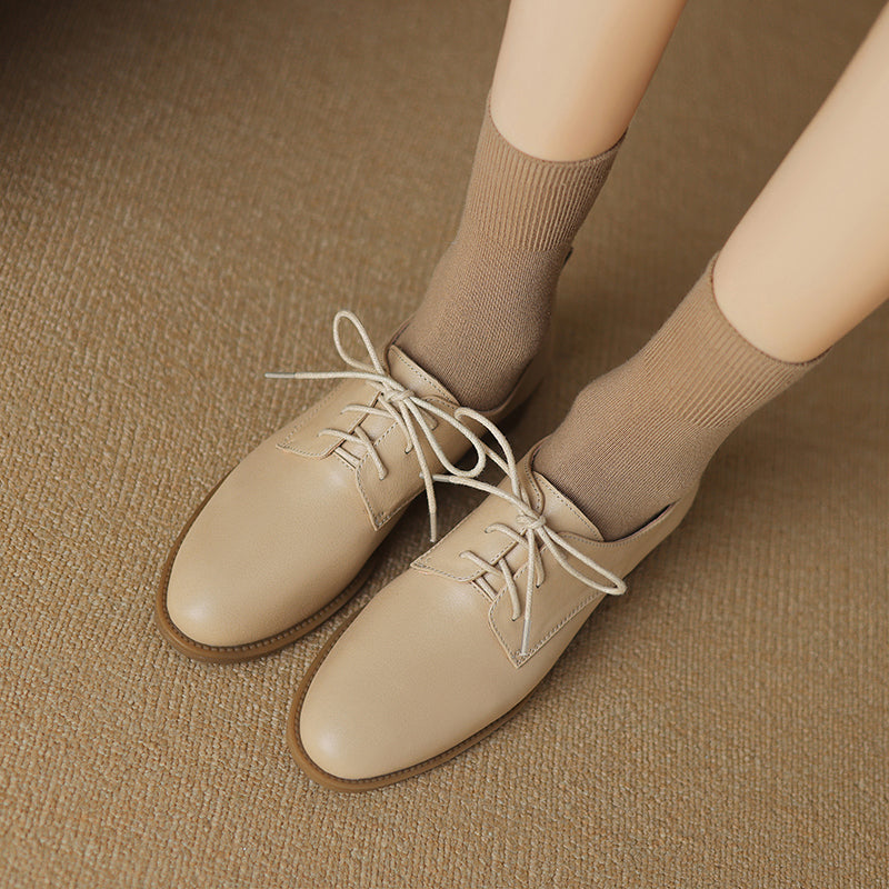 Women's Retro Cowhide Oxfords Vintage Round Toe Lace-up Low Block Heel Casual Derby Shoes