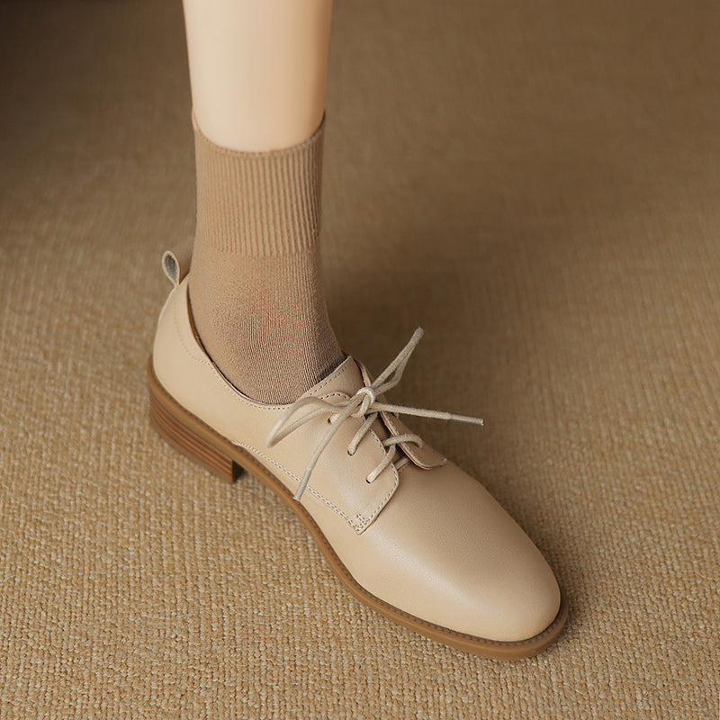 Women's Retro Cowhide Oxfords Vintage Round Toe Lace-up Low Block Heel Casual Derby Shoes