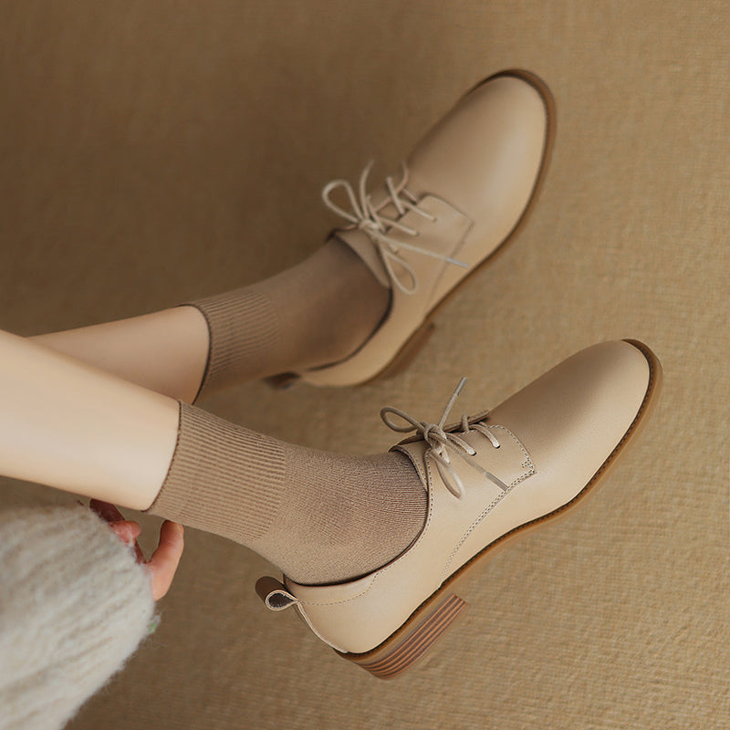 Women's Retro Cowhide Oxfords Vintage Round Toe Lace-up Low Block Heel Casual Derby Shoes