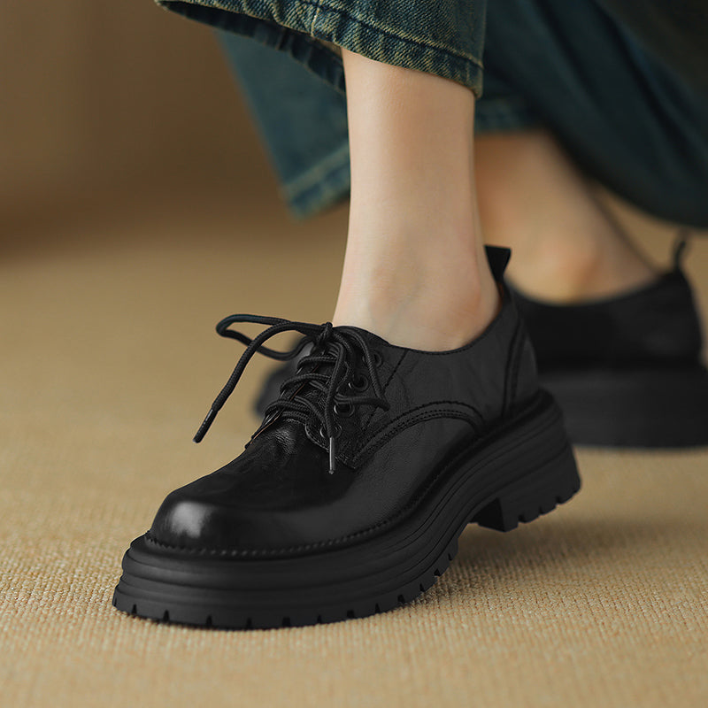 Women's Retro Leather Oxford Shoes Vintage Round Toe Lug Sole Chunky Platform Heels