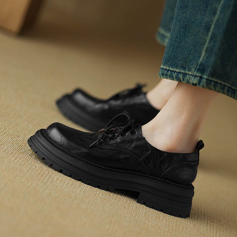 Women's Retro Leather Oxford Shoes Vintage Round Toe Lug Sole Chunky Platform Heels