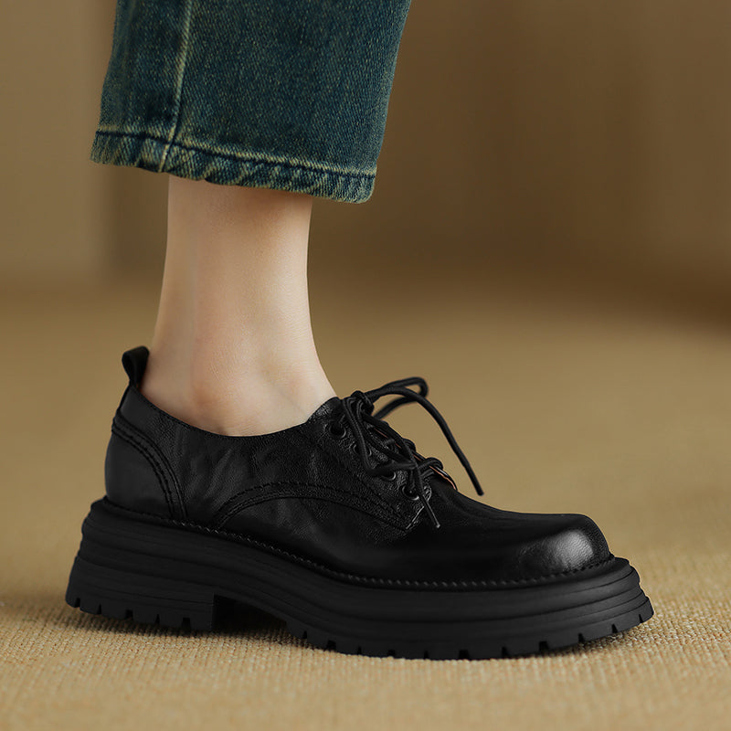 Women's Retro Leather Oxford Shoes Vintage Round Toe Lug Sole Chunky Platform Heels