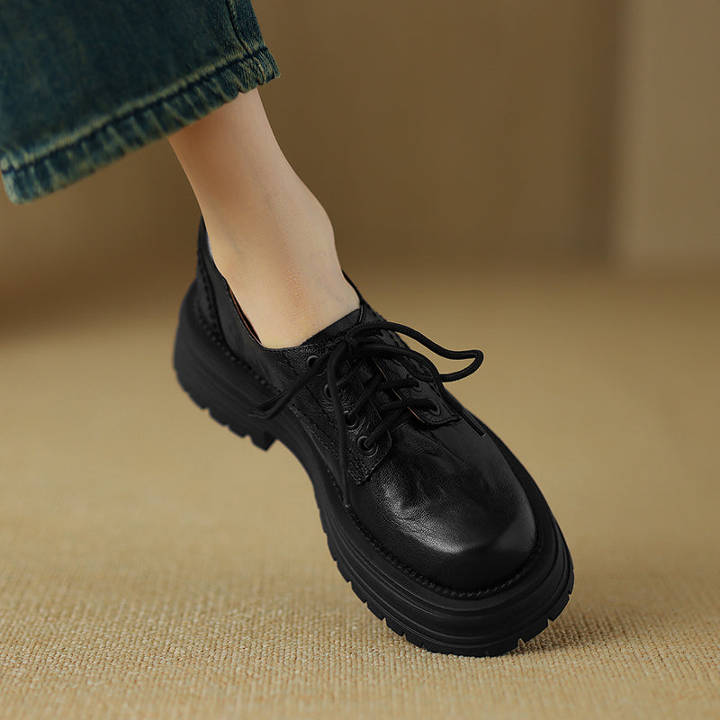 Women's Retro Leather Oxford Shoes Vintage Round Toe Lug Sole Chunky Platform Heels
