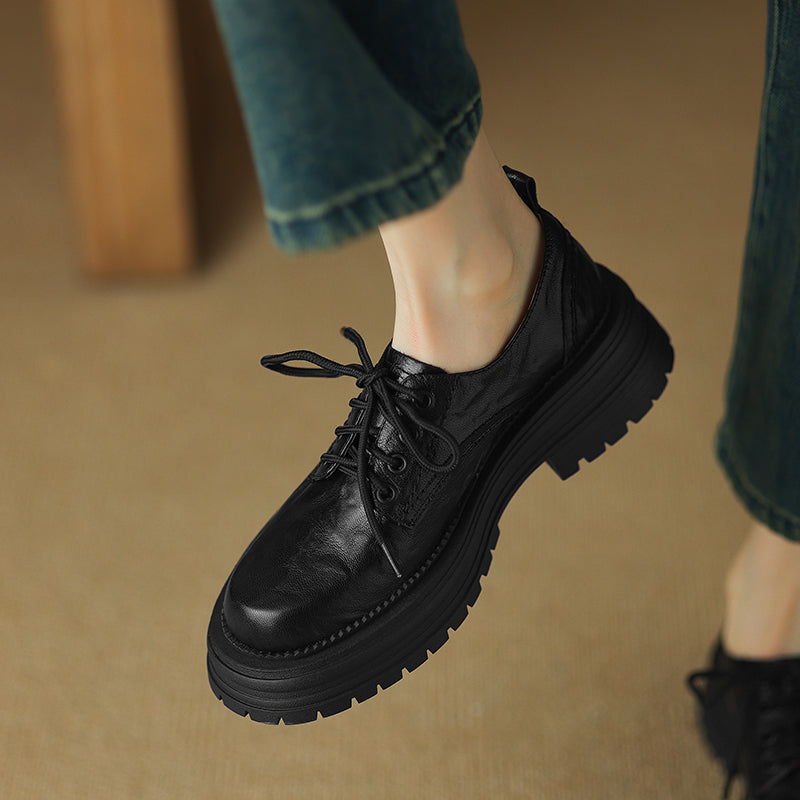 Women's Retro Leather Oxford Shoes Vintage Round Toe Lug Sole Chunky Platform Heels