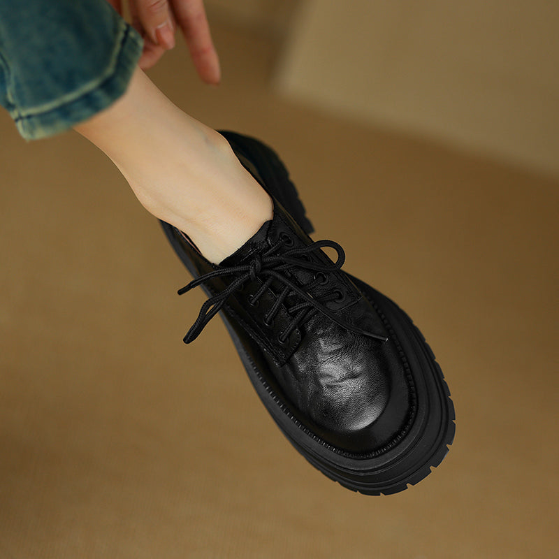 Women's Retro Leather Oxford Shoes Vintage Round Toe Lug Sole Chunky Platform Heels