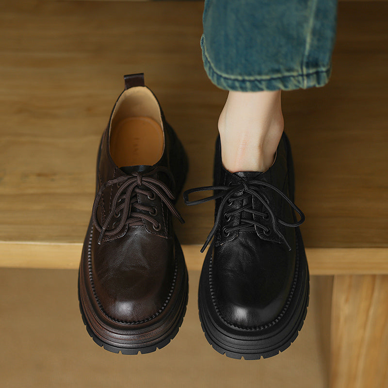 Women's Retro Leather Oxford Shoes Vintage Round Toe Lug Sole Chunky Platform Heels