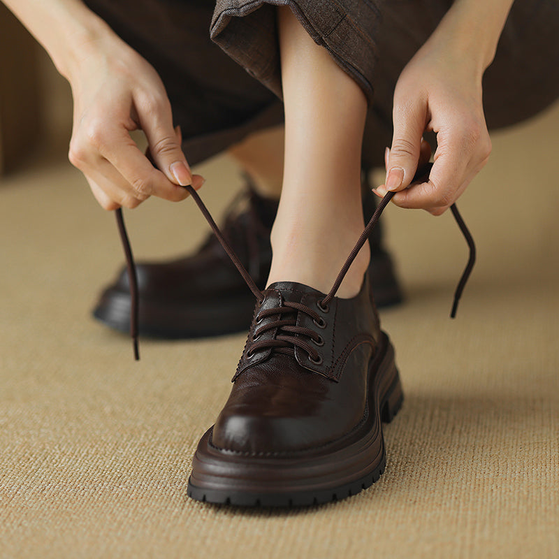 Women's Retro Leather Oxford Shoes Vintage Round Toe Lug Sole Chunky Platform Heels