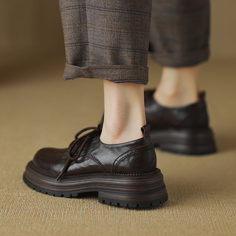 Women's Retro Leather Oxford Shoes Vintage Round Toe Lug Sole Chunky Platform Heels
