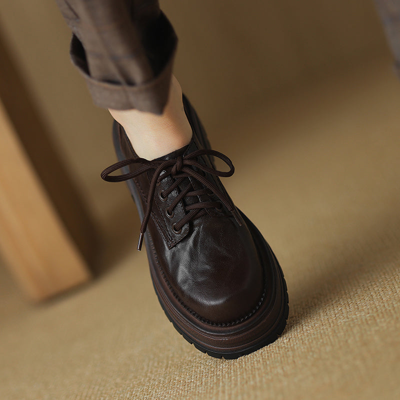 Women's Retro Leather Oxford Shoes Vintage Round Toe Lug Sole Chunky Platform Heels