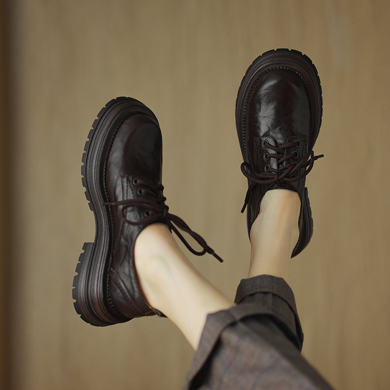 Women's Retro Leather Oxford Shoes Vintage Round Toe Lug Sole Chunky Platform Heels