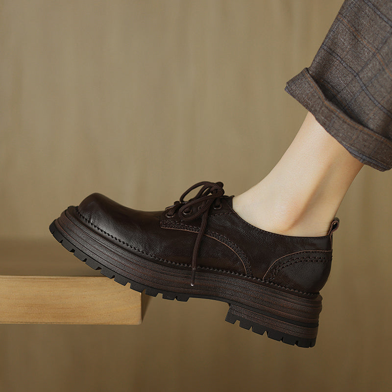 Women's Retro Leather Oxford Shoes Vintage Round Toe Lug Sole Chunky Platform Heels