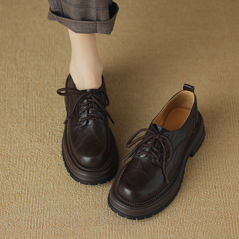 Women's Retro Leather Oxford Shoes Vintage Round Toe Lug Sole Chunky Platform Heels