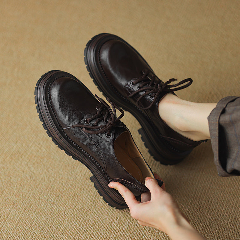 Women's Retro Leather Oxford Shoes Vintage Round Toe Lug Sole Chunky Platform Heels