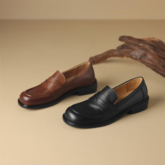 Womens British Preppy Handmade Loafers Comfortable Leather Shoes