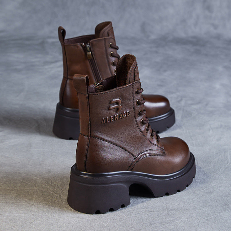 Women's Genuine Leather Lightweight Ankle Boots – Platform Chunky Heel