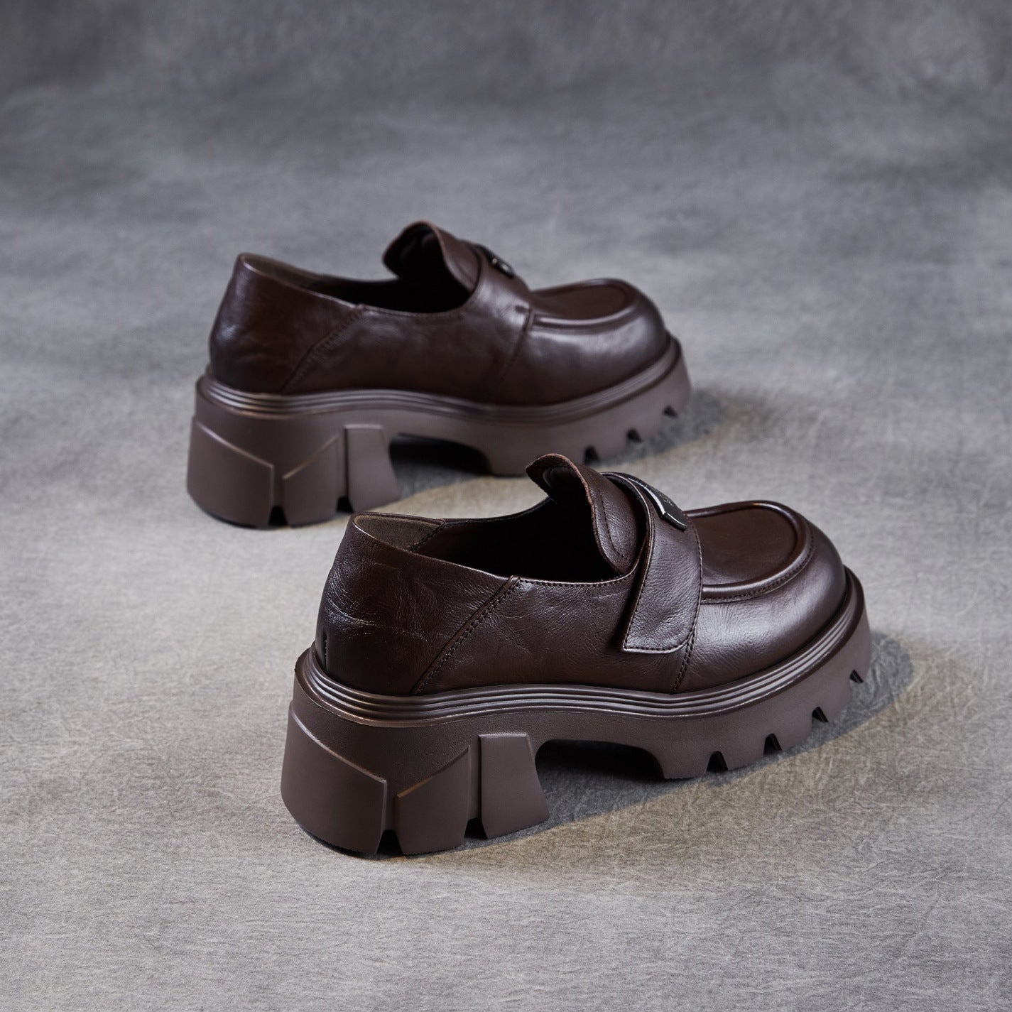 Women’s Leather Platform Block Heel Loafers – Vintage Metal Detail