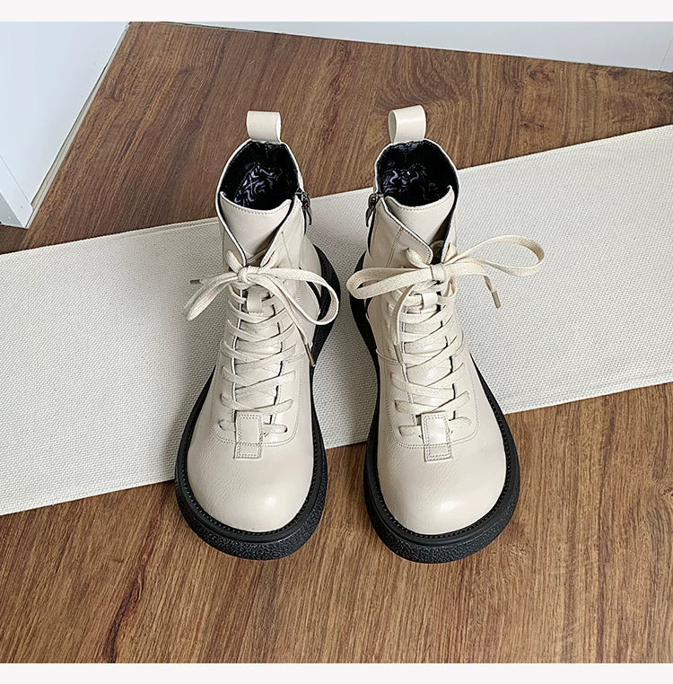 Women's Ankle Boots Lace Up Mid Calf Combat Booties Platform Low Heel