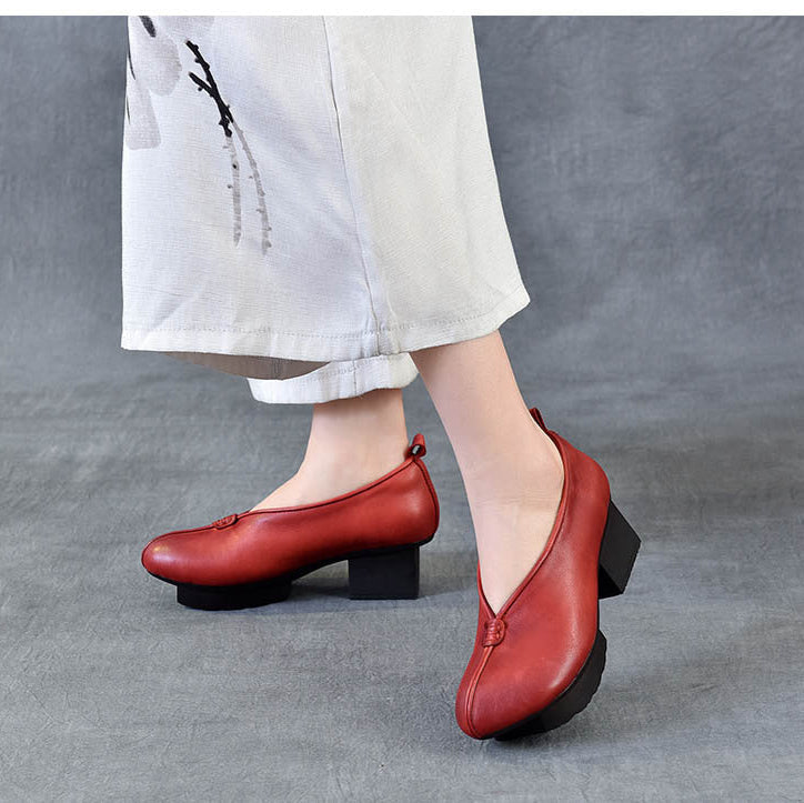 Women's Block Heel Leather High Heels – Slip-On Japanese Design