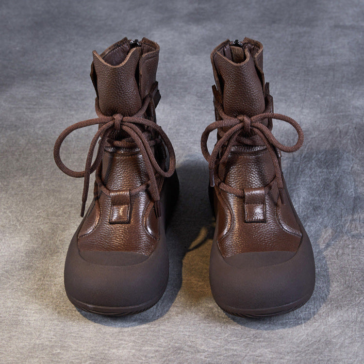 Women's Lace-Up Platform Boots – Genuine Leather Casual Back Zipper Boots