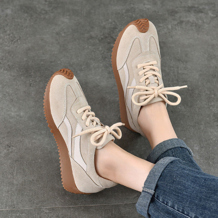 Women’s Spring Retro Leather Trainers – Soft Sole Lace-Up Casual Sneakers