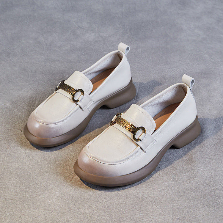Women's Retro Soft Genuine Leather Loafers – Comfortable Chain Detail