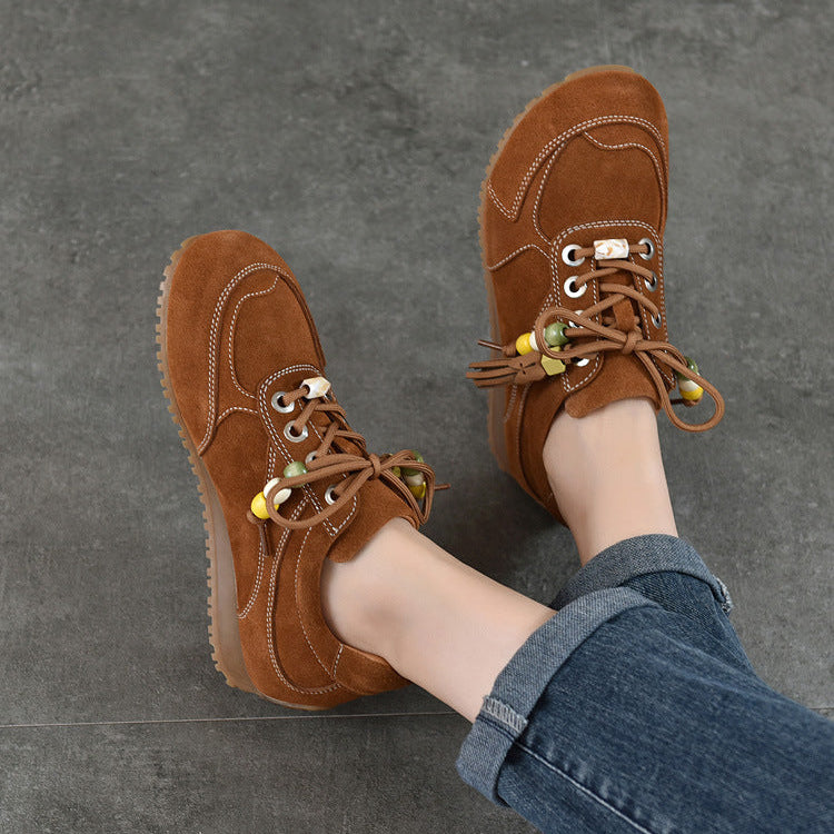 Women’s Spring Retro Beaded Leather Sneakers – Casual Lightweight Shoes
