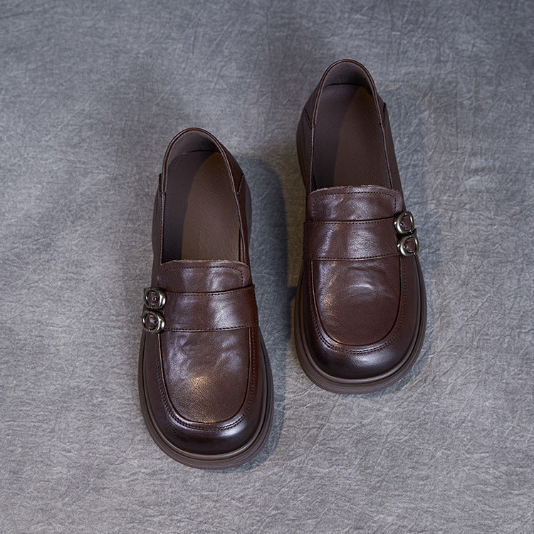 Women’s Leather Slip-On Loafers – Vintage British Low Heel