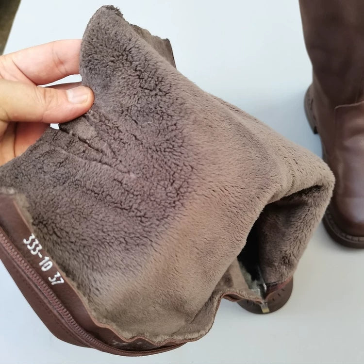 Women's Winter Fleece-lined Wide Toe Box Genuine Leather Knee High Boots British Style Riding Boots