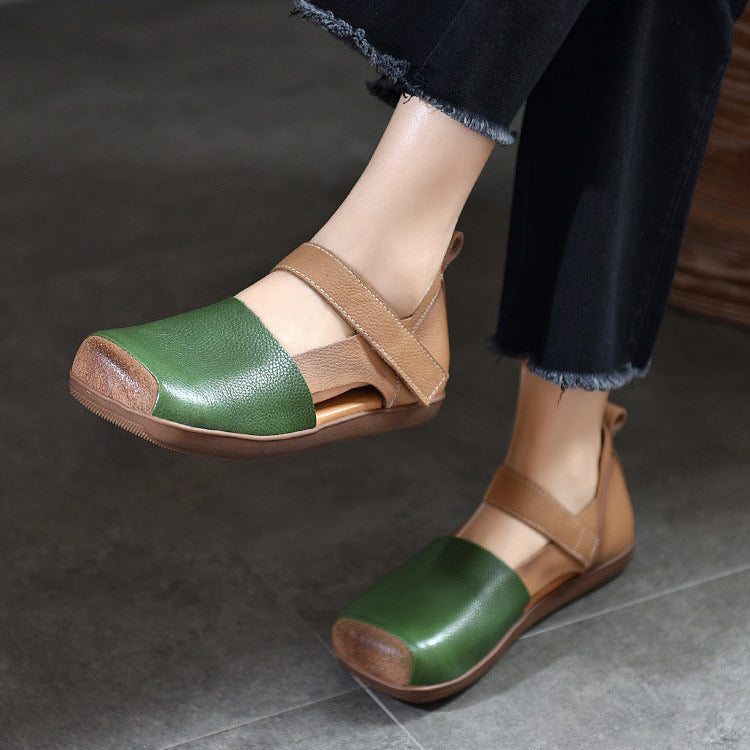 Handmade Leather Sandals - Women's Retro Square Toe Walking Flats with Velcro Strap