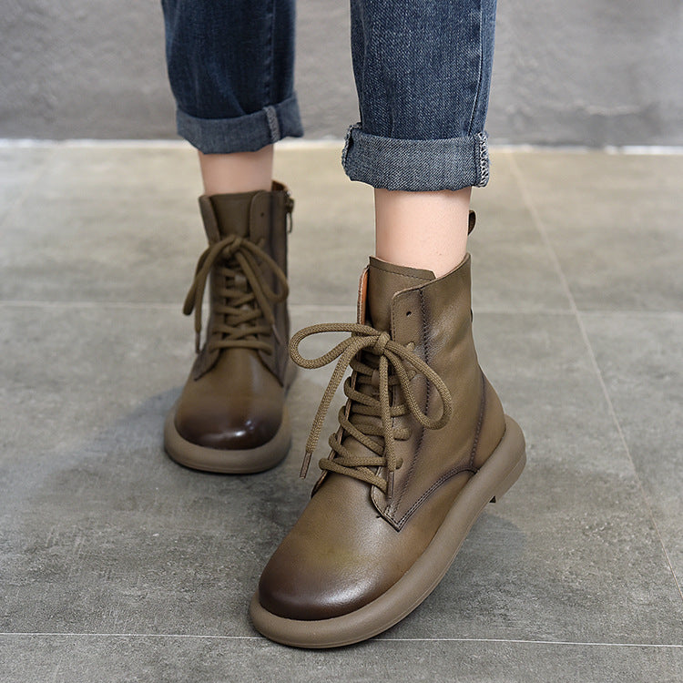 Women's Genuine Leather Casual Boots – Lace-Up & Zipper Design