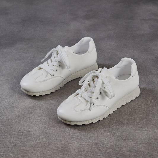 Women's Minimalist Architectural White Trainers - Premium All-Leather Walking Shoes